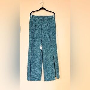Ditsy Floral Green Wide Leg Pants Tassel Tie Side Slit Boho